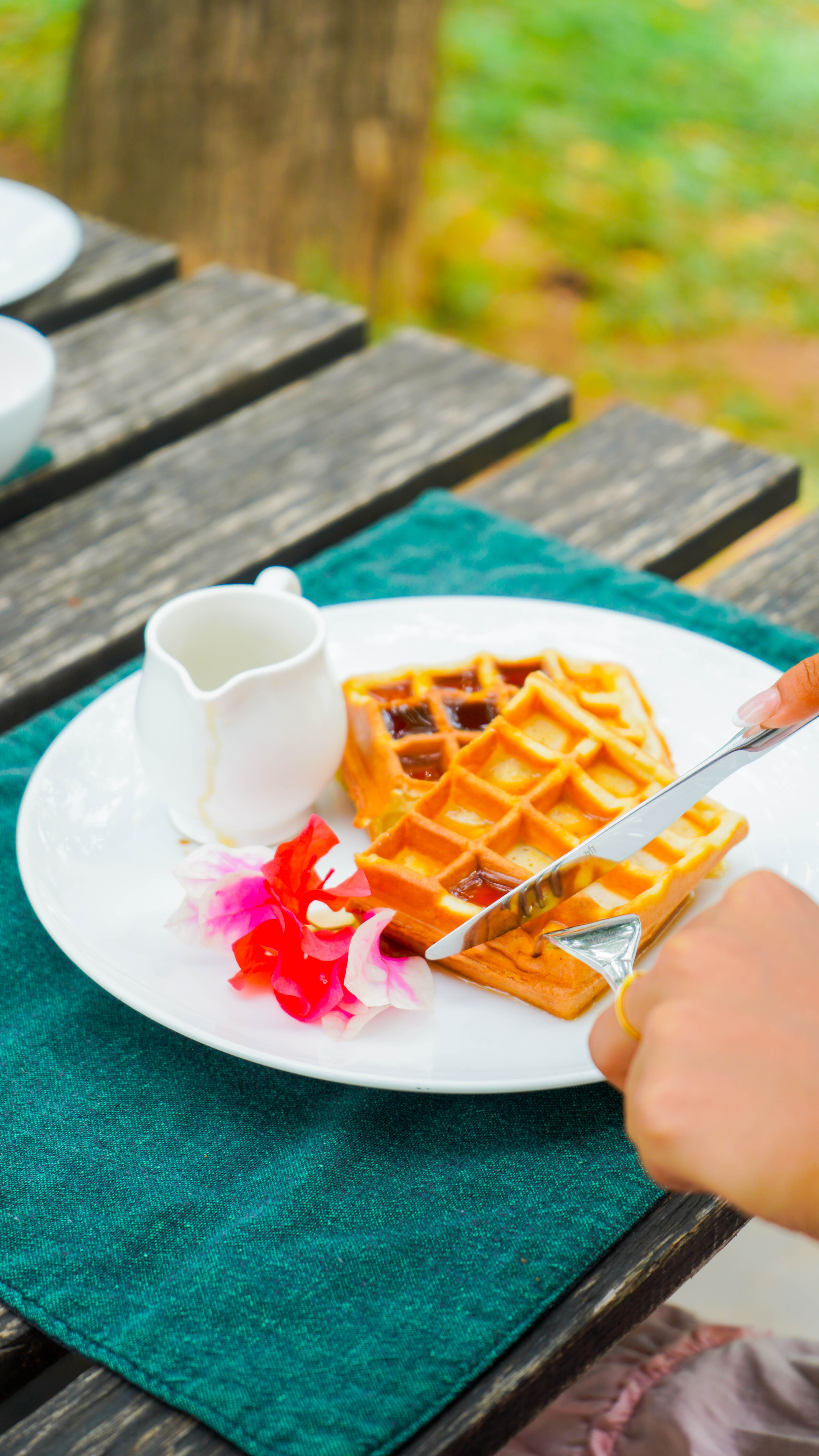 A waffle served at Arana, plated as a breakfast or dessert item