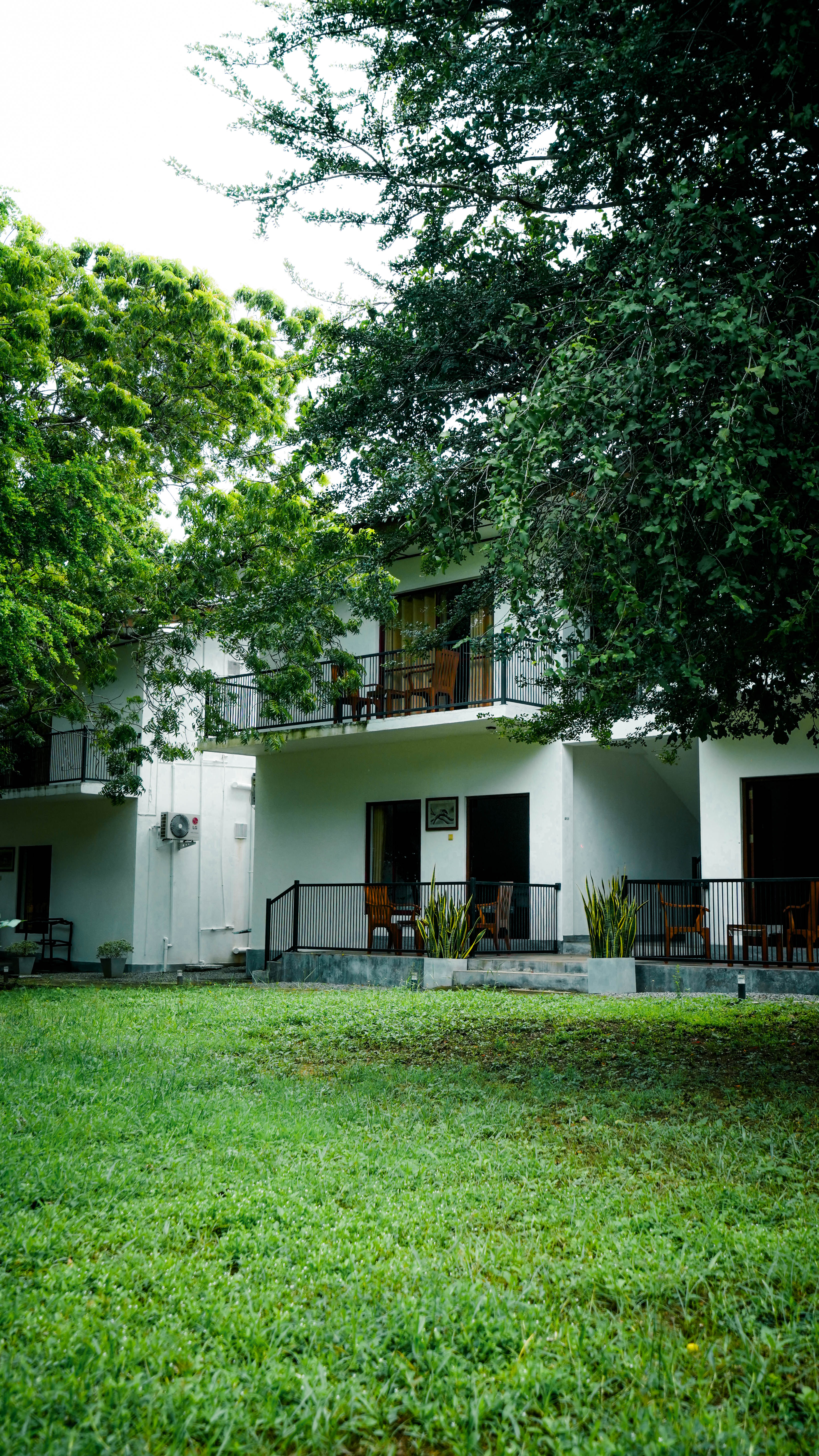 The Arana villa building with its covered veranda, garden and palms in the foreground