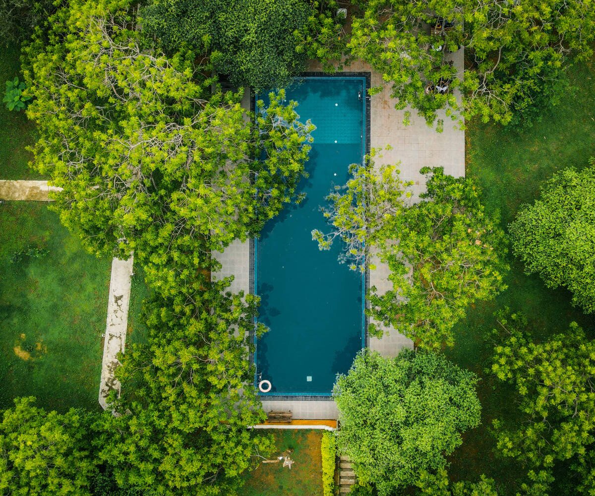 Aerial view of the Arana pool encircled by jungle canopy