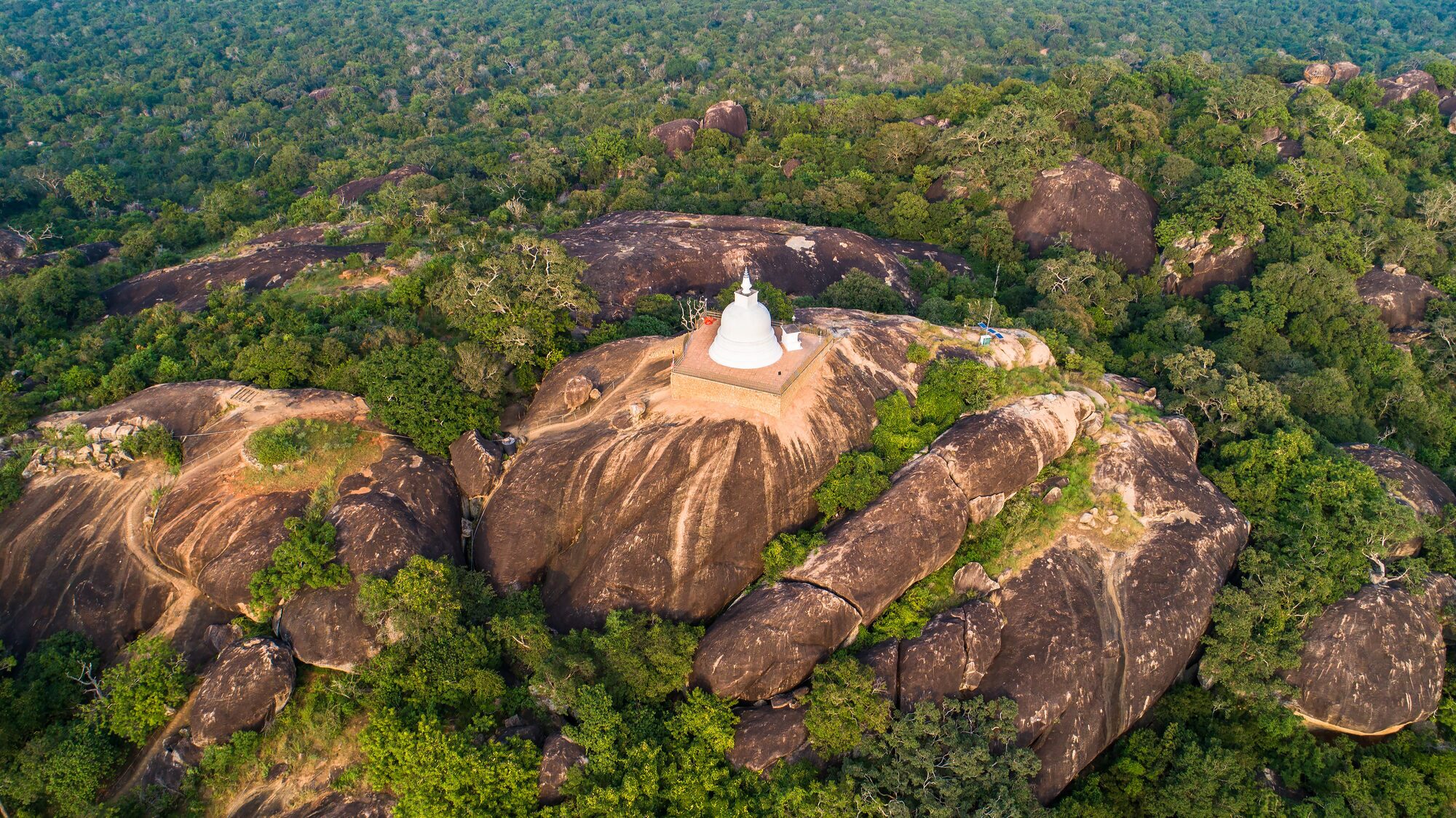 Aerial view of Sithulpawwa rock temple, a sacred site of the Ruhuna region inside Yala, southern Sri Lanka